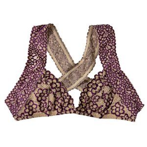 Free People Intimately XS Purple Beige Floral Lace Wireless Criss Cross Bralette